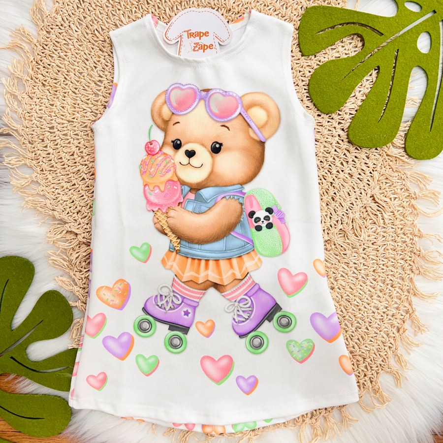 Vestido Regata com Ursinha Patinadora - Off White 